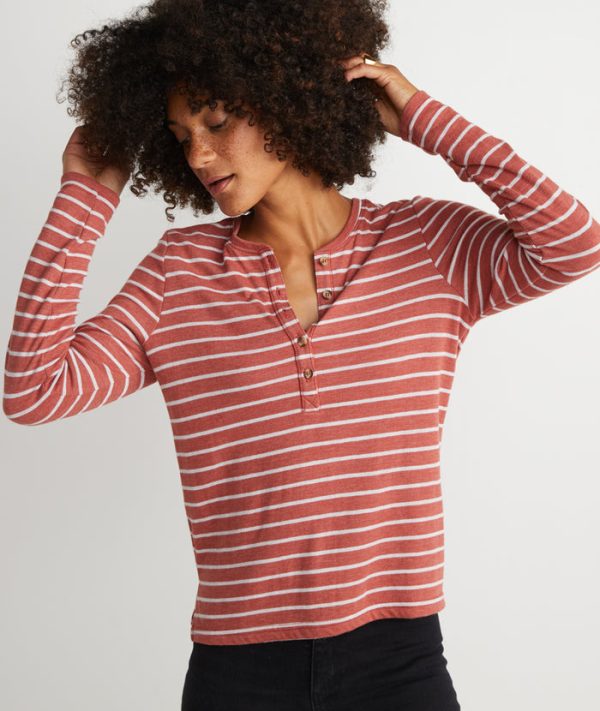 Double Knit Henley in Brick Red/White Stripe