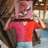 Robin Crop Cardigan in Bubblegum/Vermillion - Image 2