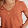 Rhea Lace Trim V-Neck Tee in Amber Brown - Image 3
