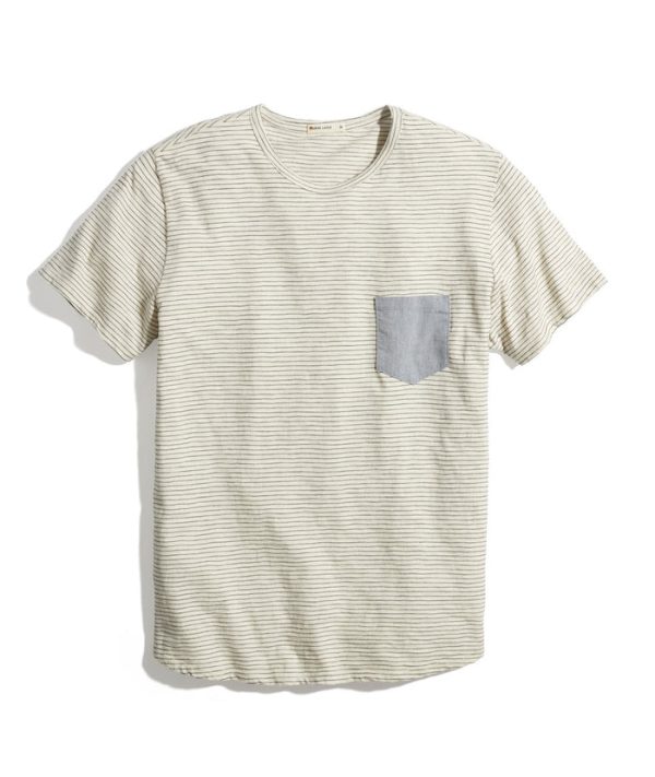 Saddle Hem Chambray Pocket Tee in Natural/Black Stripe