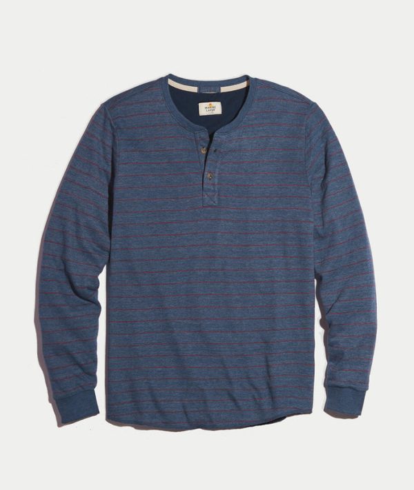 Double Knit Henley in Navy/Red Stripe